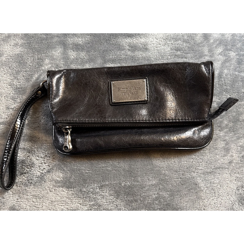 Simply Vera Vera Wang Clutch Wristlet Black Faux Leather Foldover Bag Small